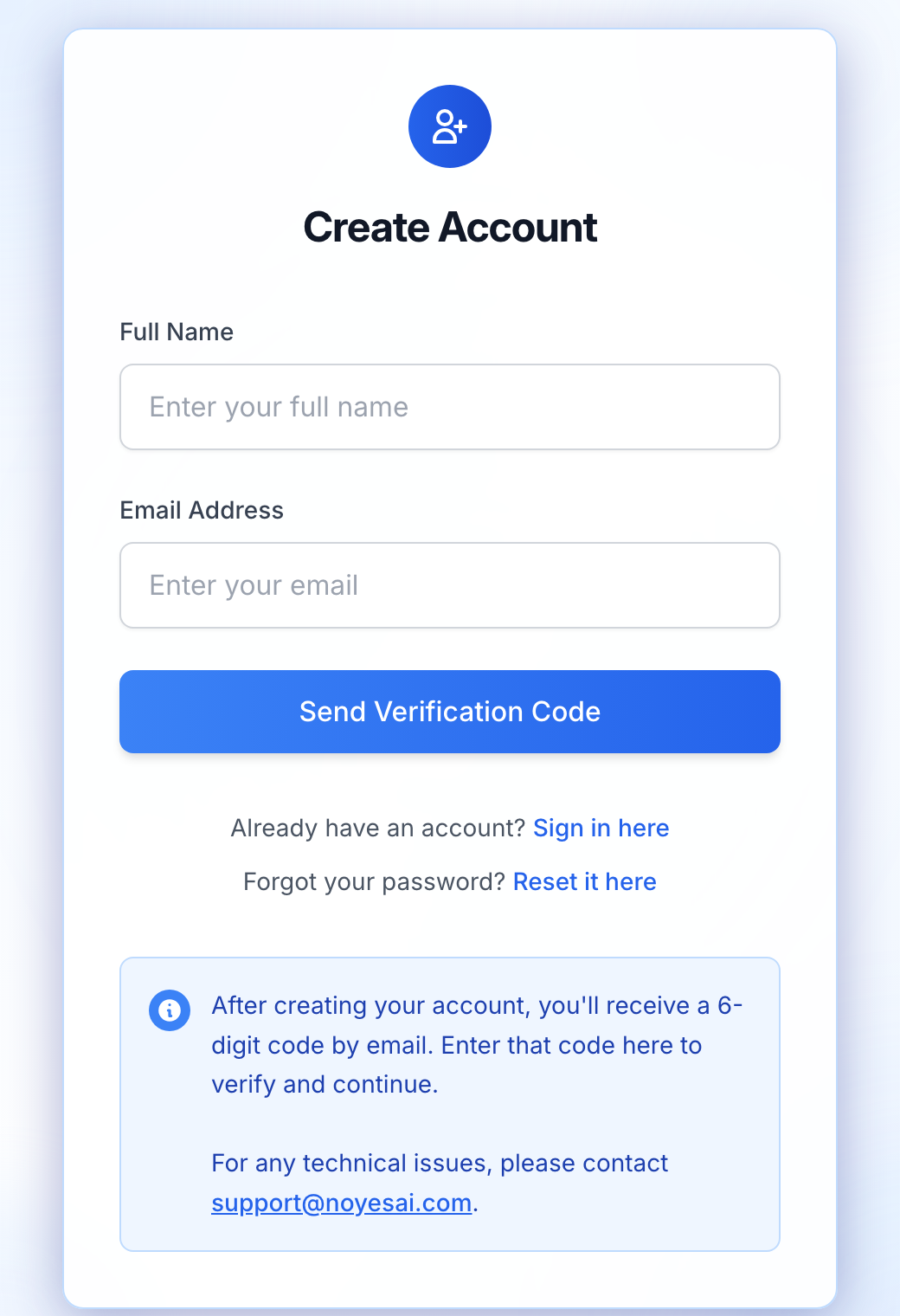 The NOYESAI Platform sign-up form